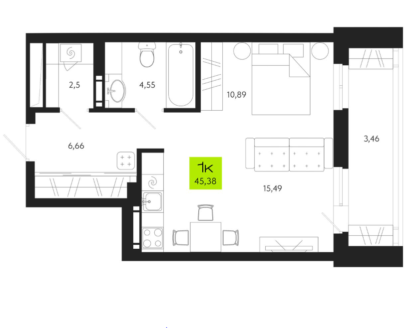 1-комнатная 45.4 м2 в ЖК undefined корпус null этаж 6