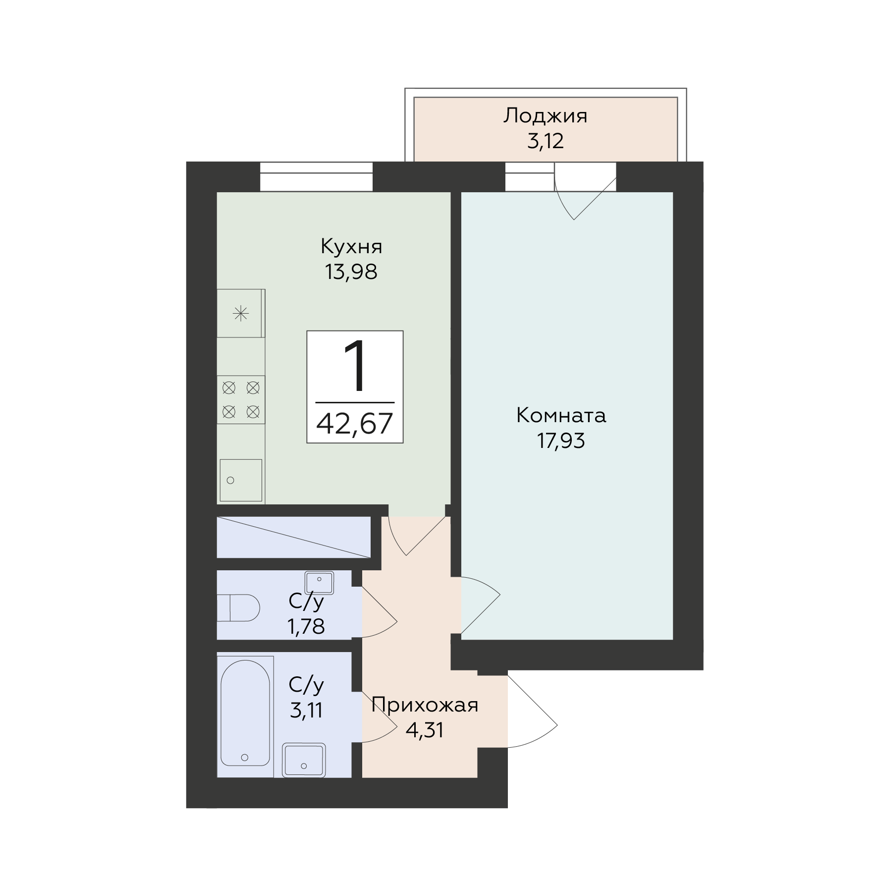1-комнатная 42 м2 в ЖК Юность корпус null этаж 1