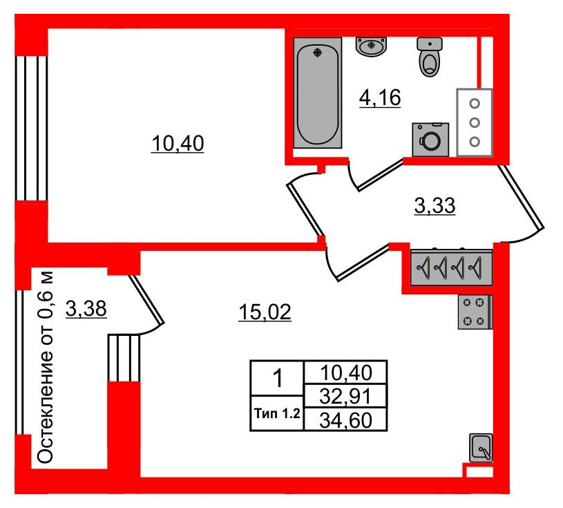 1-комнатная 32 м2 в ЖК Setl Ривьера корпус null этаж 6
