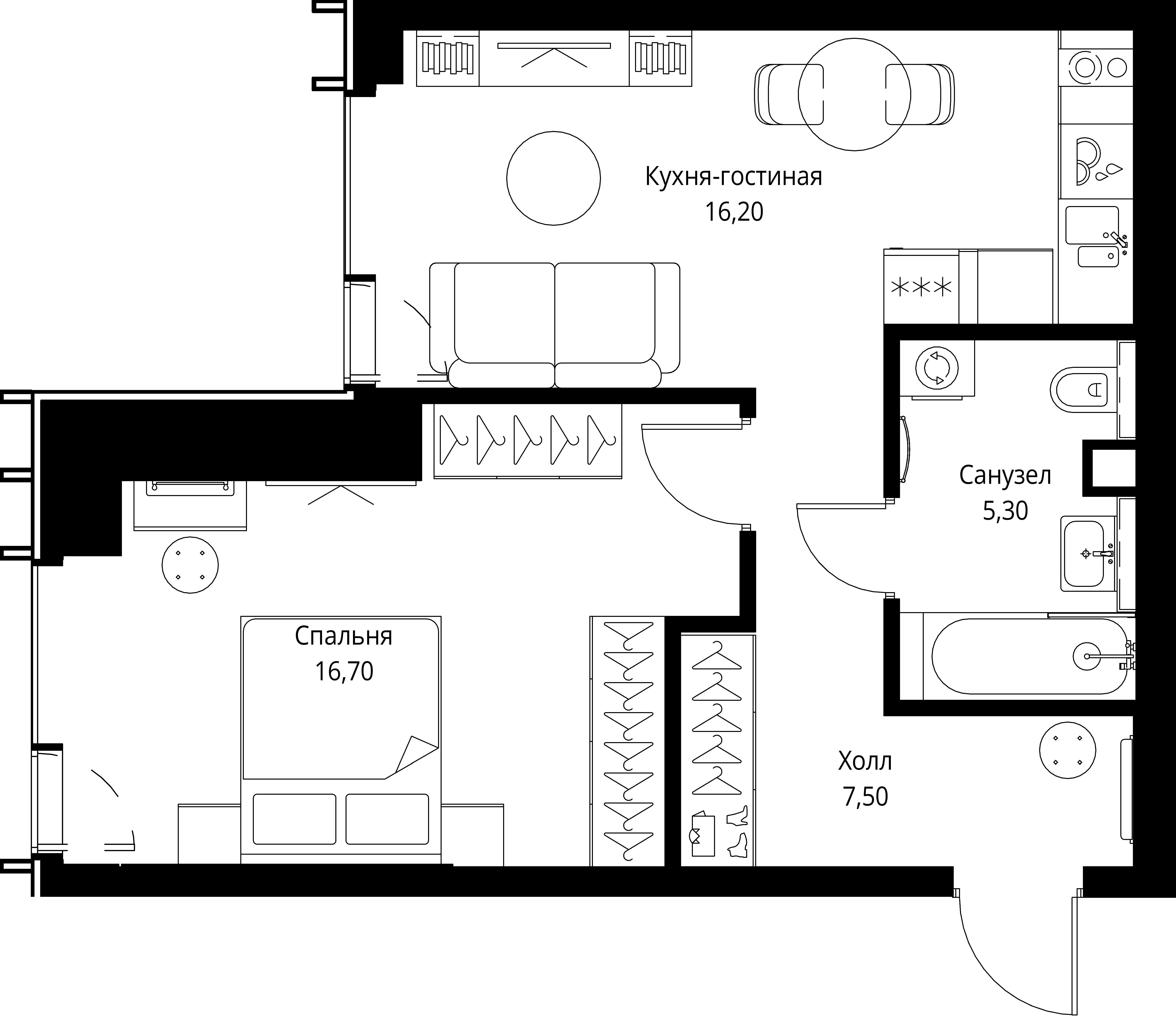 1-комнатная 46 м2 в ЖК VEER корпус null этаж 21