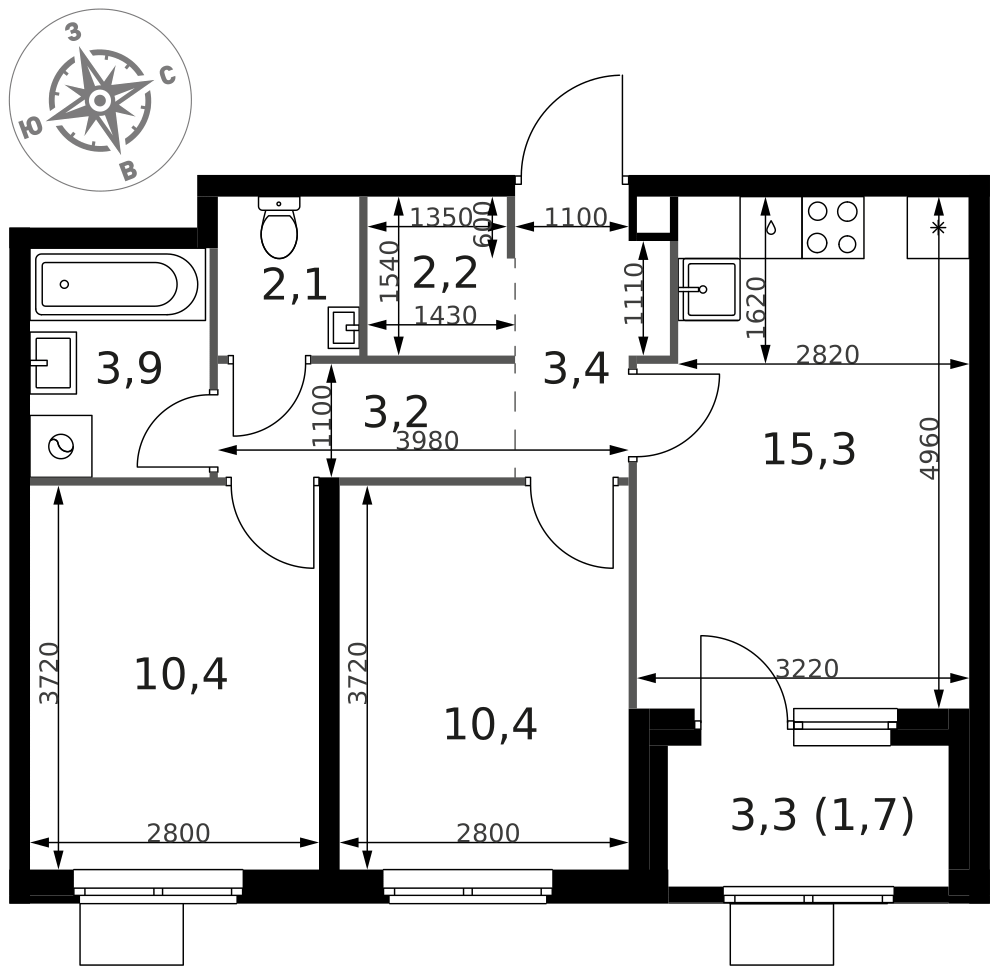 2-комнатная 52 м2 в ЖК 1-й Химкинский корпус null этаж 2