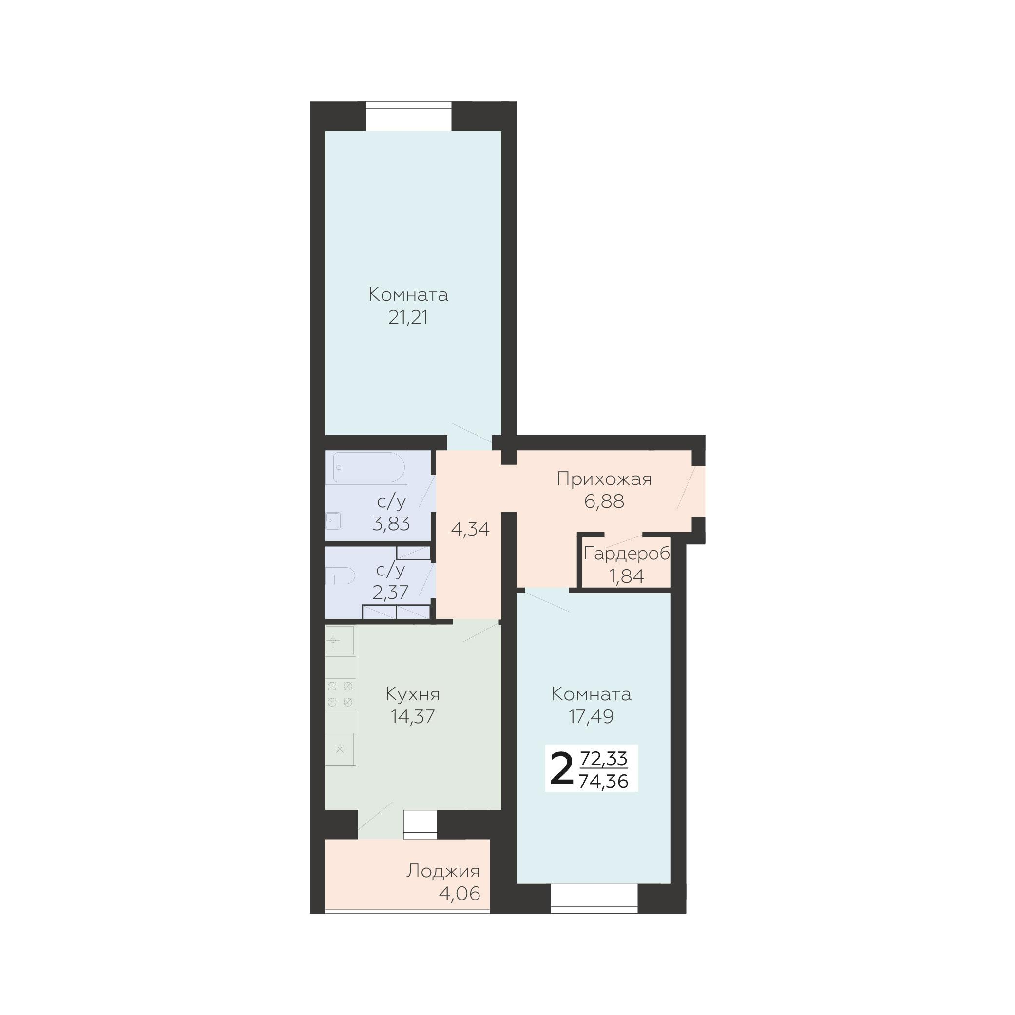 2-комнатная 74 м2 в ЖК Nova парк корпус null этаж 5