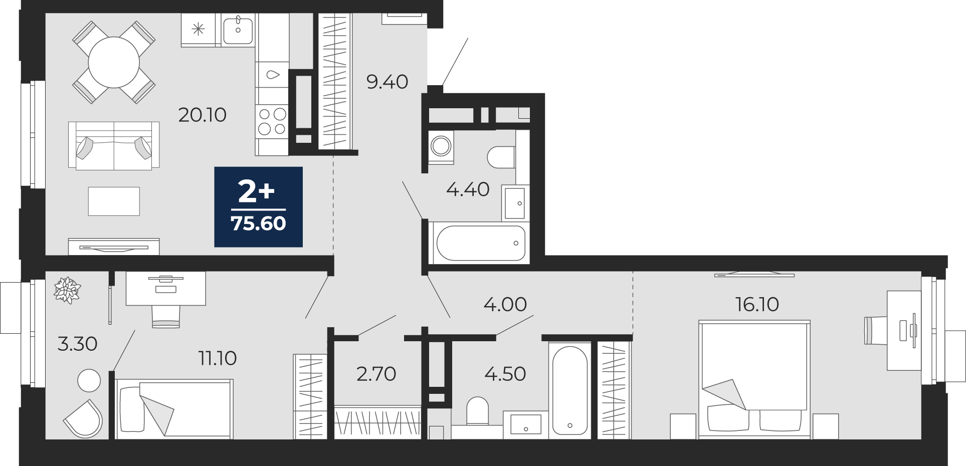 2-комнатная 72 м2 в ЖК Айвазовский корпус null этаж 24