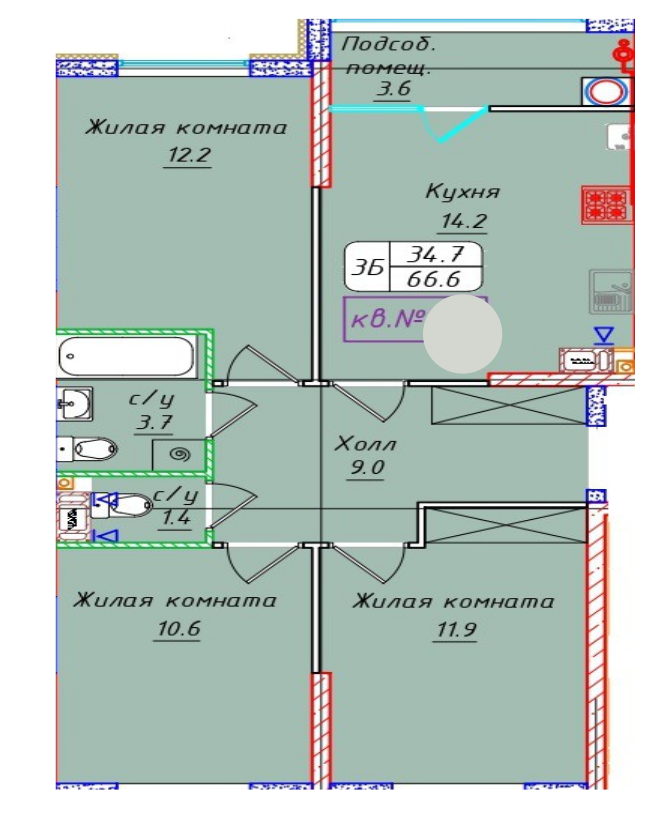3-комнатная 66.6 м2 в ЖК undefined корпус null этаж 10