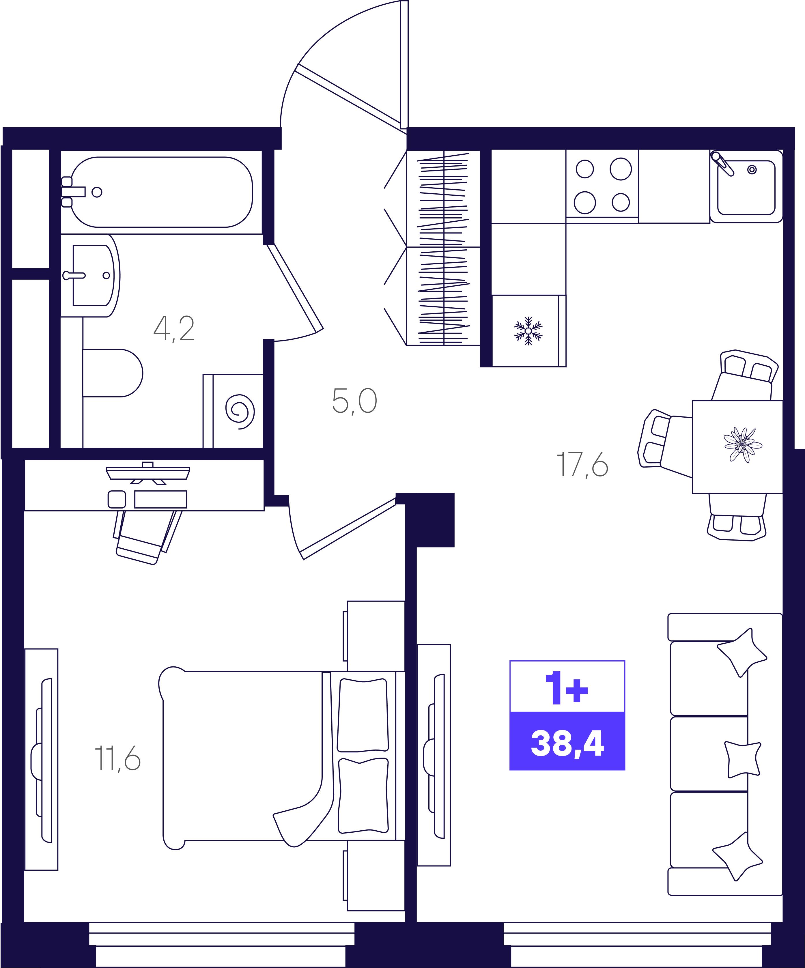 1-комнатная 38 м2 в ЖК Отличие корпус null этаж 1