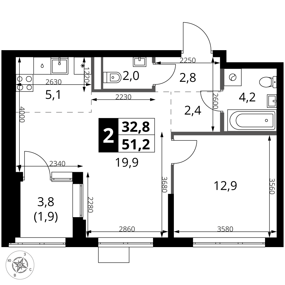 2-комнатная 51 м2 в ЖК 1-й Ясеневский корпус null этаж 2