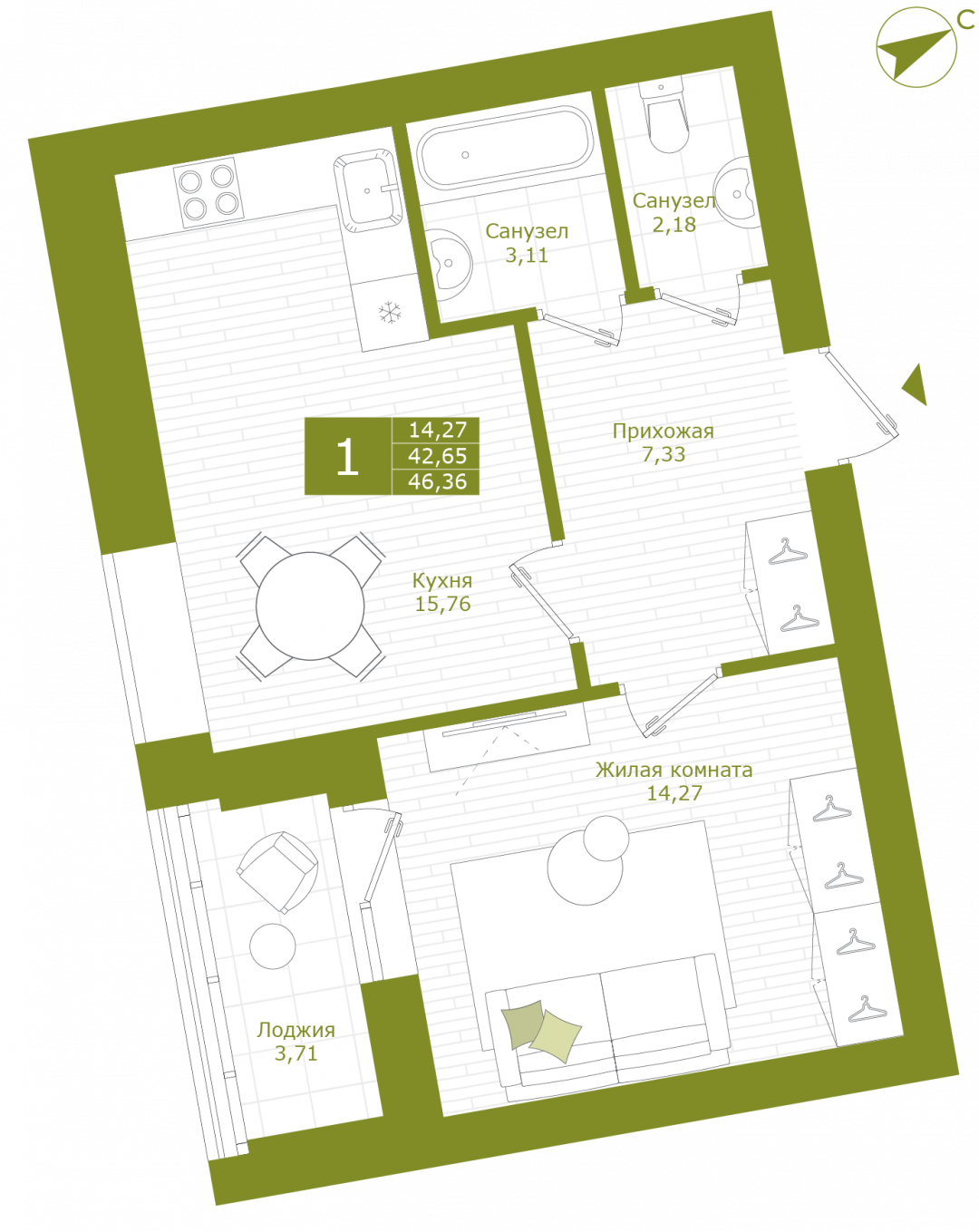 1-комнатная 44.5 м2 в ЖК undefined корпус null этаж 7