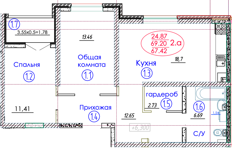 2-комнатная 67 м2 в ЖК Гулливер корпус null этаж 3
