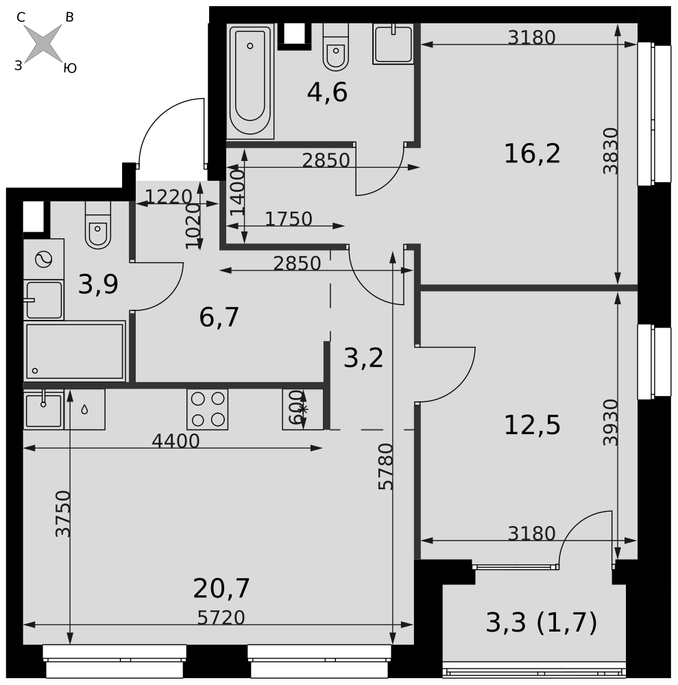 3-комнатная 69 м2 в ЖК Симоновский Вал корпус null этаж 19