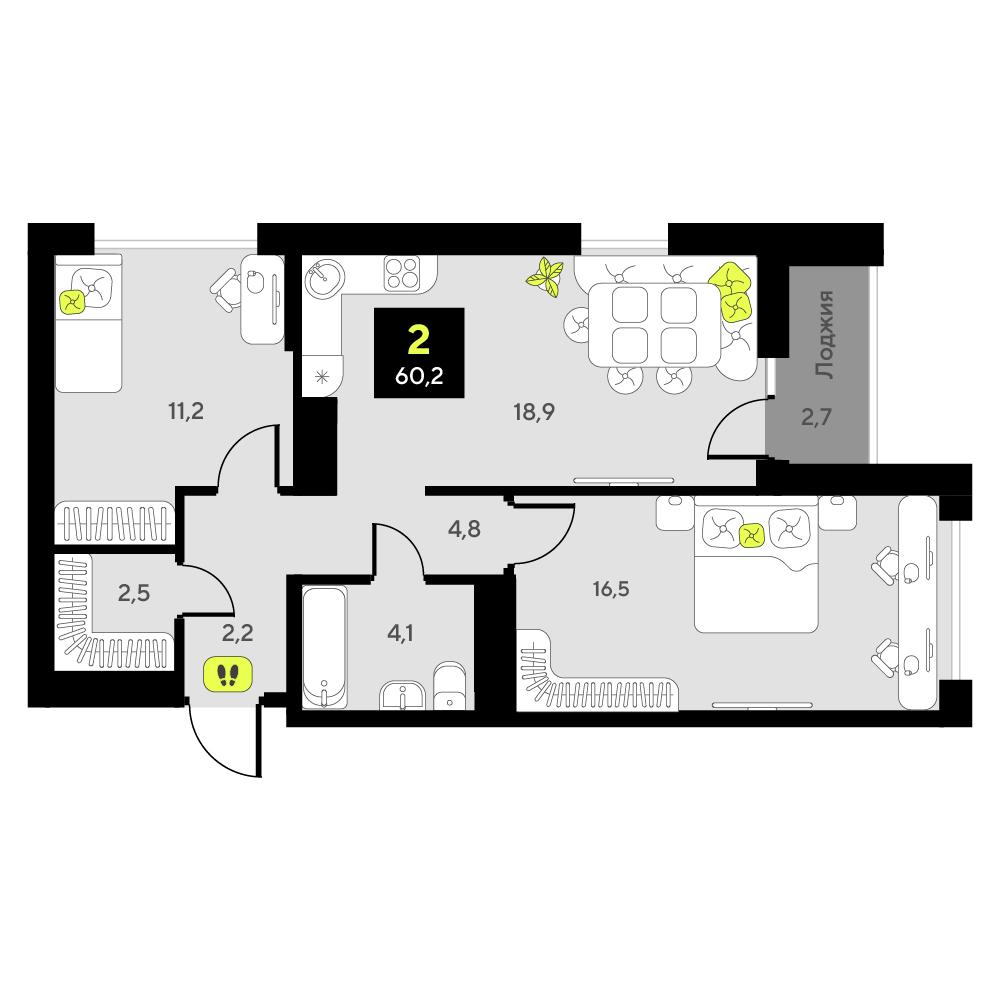 2-комнатная 60 м2 в ЖК Мотивы корпус null этаж 6