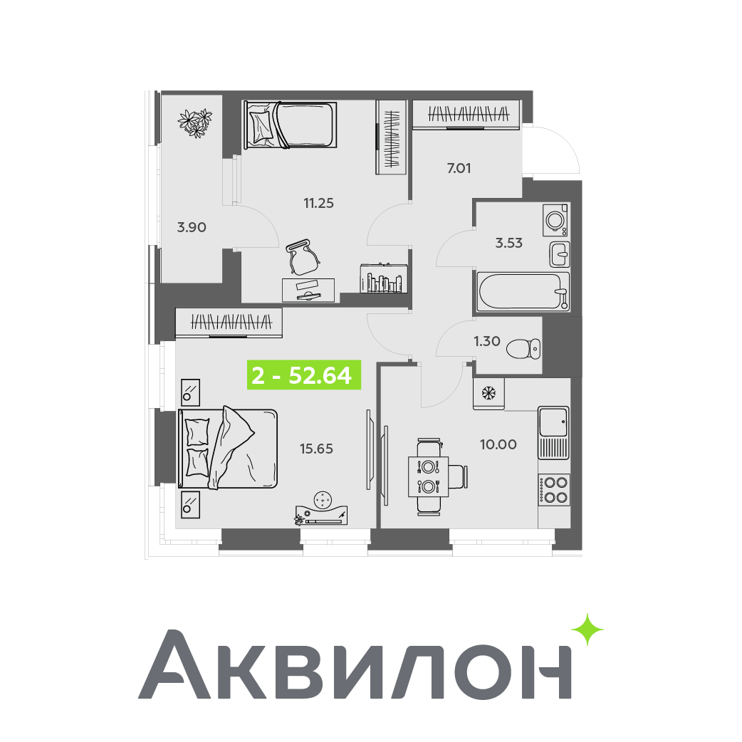 2-комнатная 52 м2 в ЖК Аквилон АКВАРТАЛ корпус null этаж 12