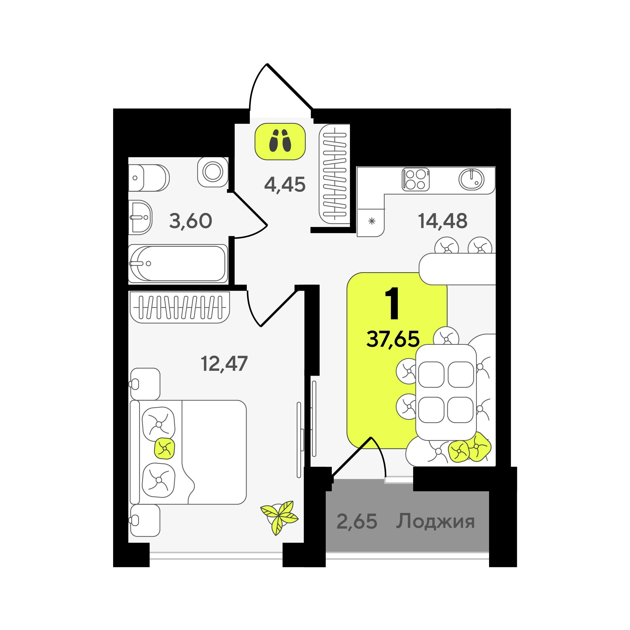 1-комнатная 37 м2 в ЖК Окинава корпус null этаж 14