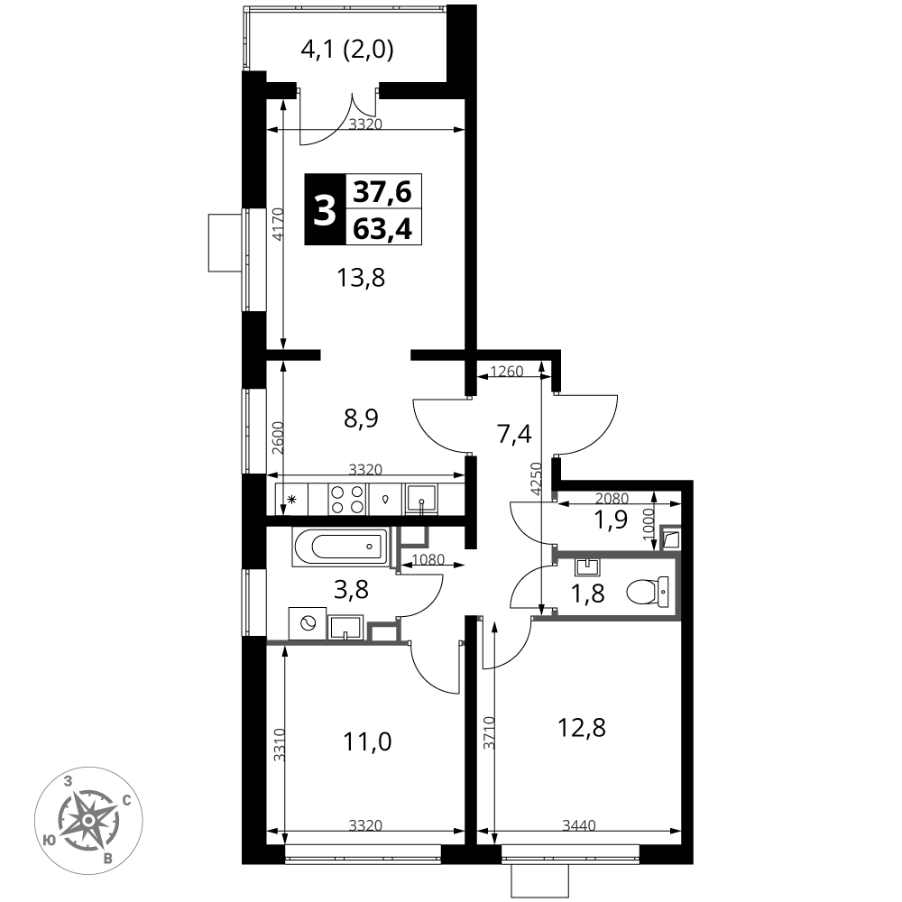 3-комнатная 63 м2 в ЖК 1-й Южный корпус null этаж 15