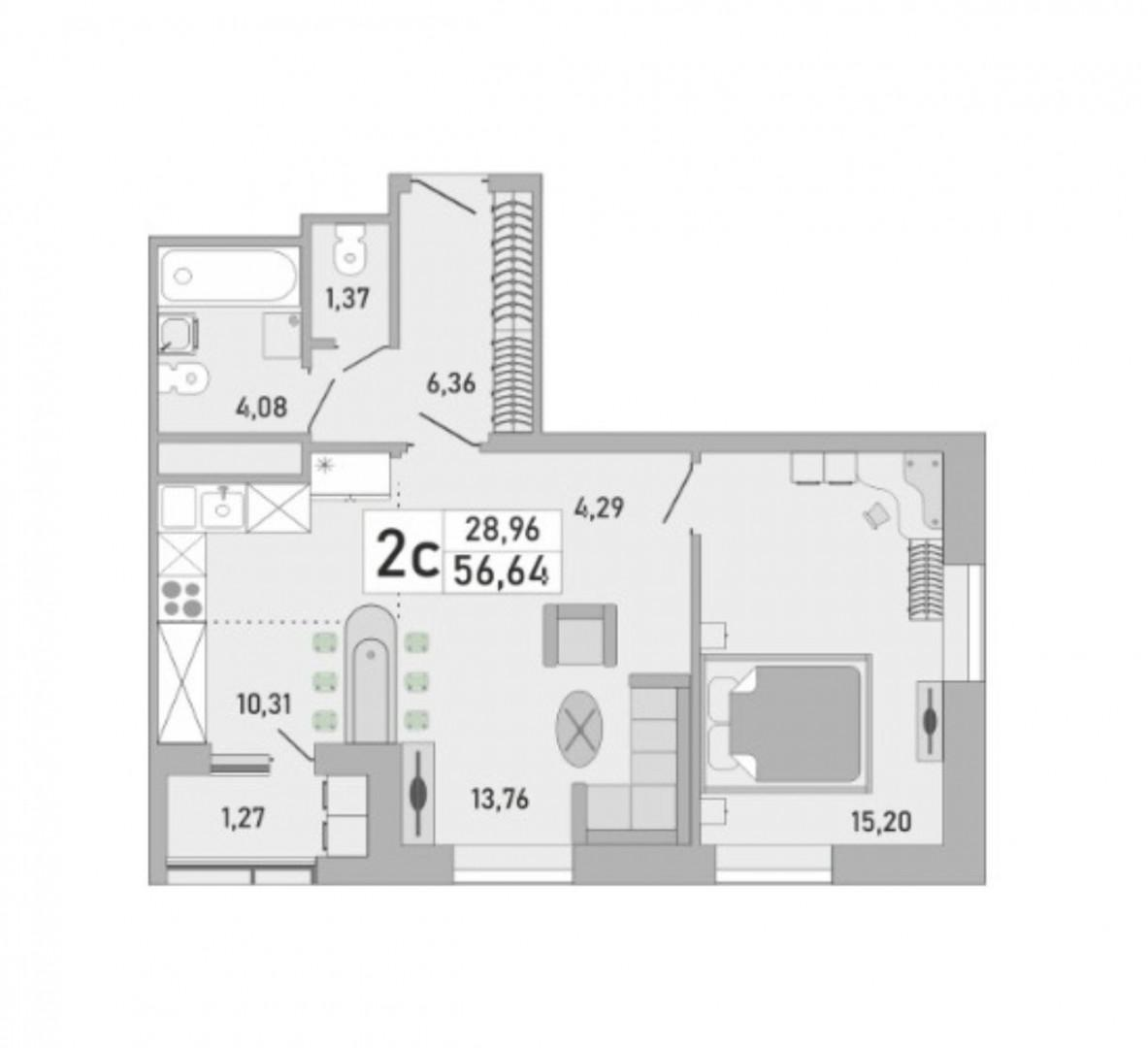 3-комнатная 56.7 м2 в ЖК undefined корпус null этаж 3