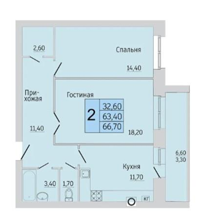 2-комнатная 66.7 м2 в ЖК undefined корпус null этаж 8