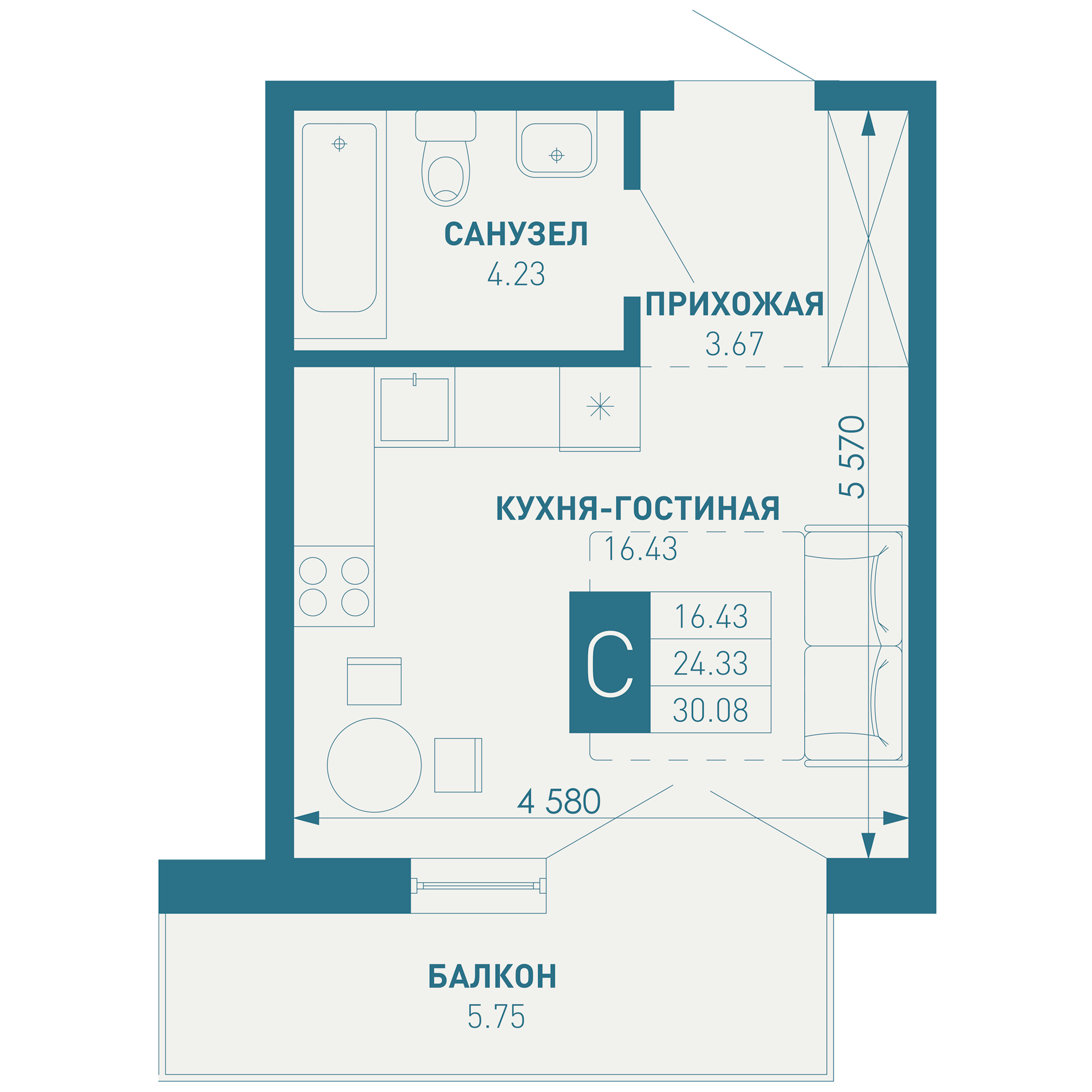 Студия 30 м2 в ЖК ИНАЧЕ в Молодежном корпус null этаж 3