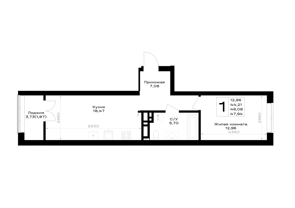 1-комнатная 46 м2 в ЖК Включи корпус null этаж 2