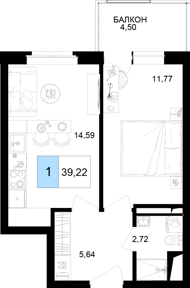 2-комнатная 39 м2 в ЖК Корсаков корпус null этаж 3