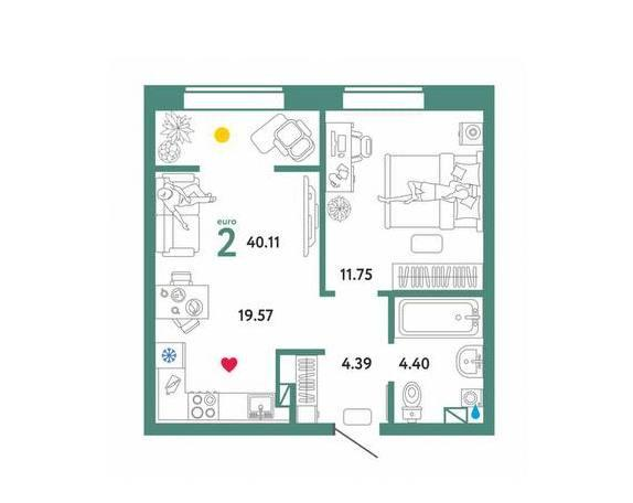 1-комнатная 40.6 м2 в ЖК undefined корпус null этаж 8