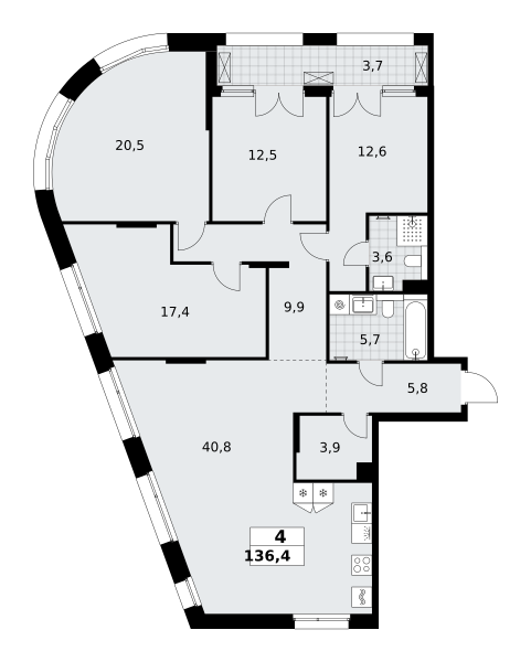 4-комнатная 136 м2 в ЖК Хольм корпус null этаж 7