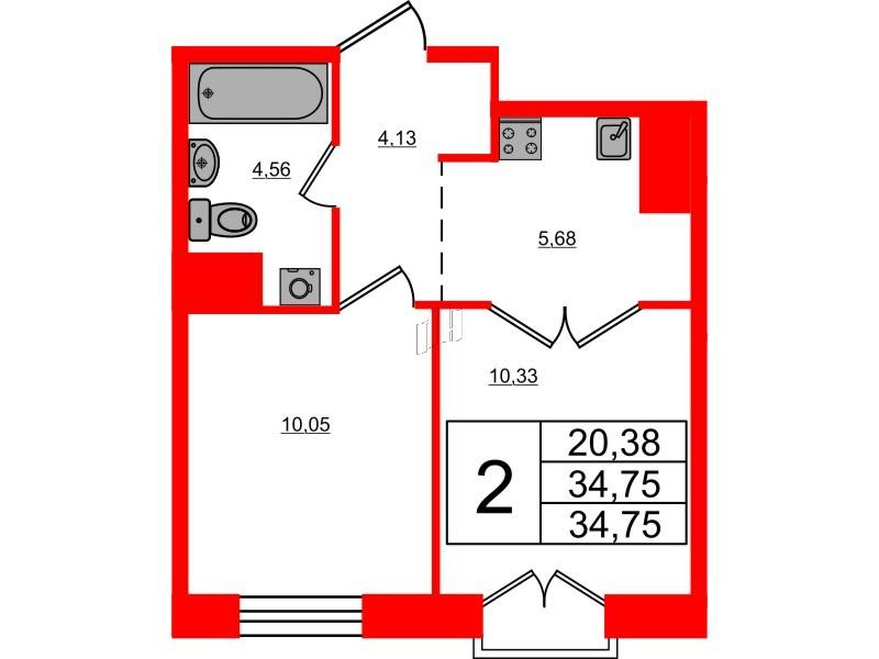 2-комнатная 34 м2 в ЖК ID Polytech корпус null этаж 10