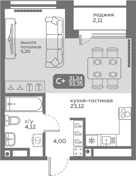 Студия 31 м2 в ЖК Меридиан Слобода корпус null этаж 15