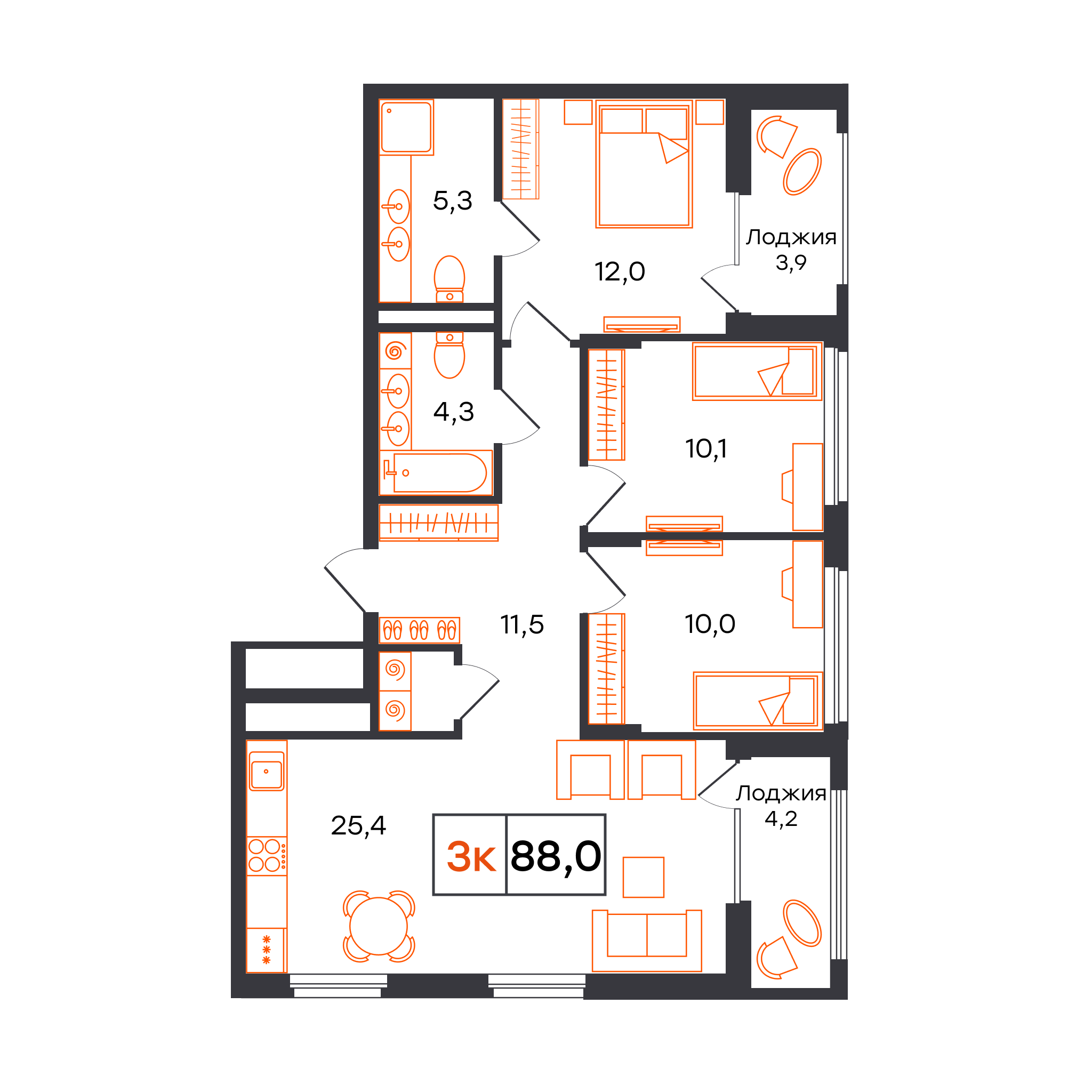 3-комнатная 88 м2 в ЖК Александровский корпус null этаж 6