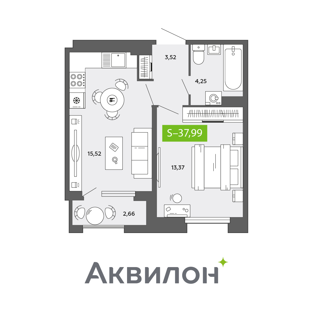 Студия 37 м2 в ЖК Аквилон CITY Towers корпус null этаж 15