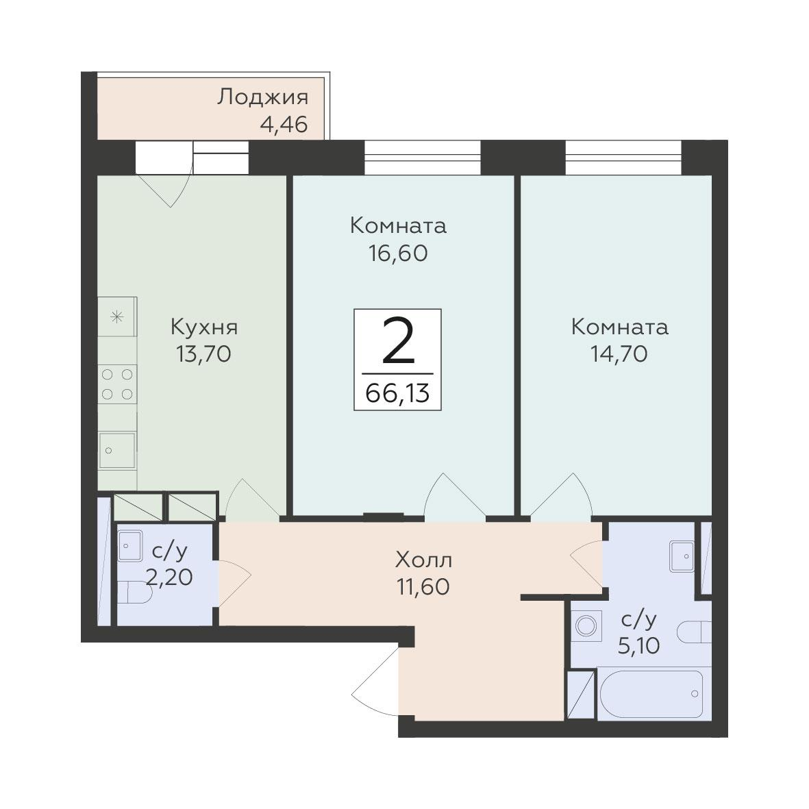 2-комнатная 66 м2 в ЖК Малаховский корпус null этаж 14