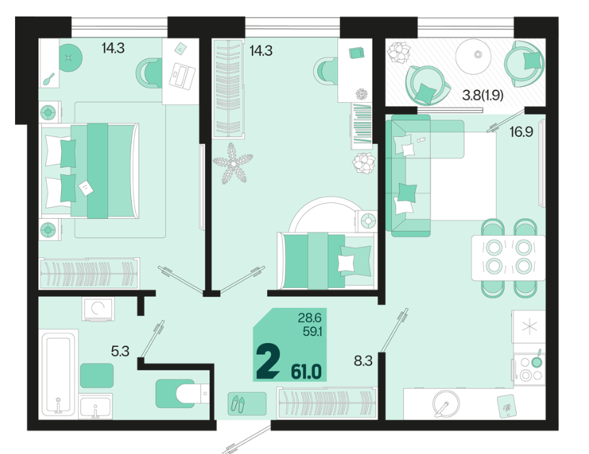 2-комнатная 61 м2 в ЖК undefined корпус null этаж 2