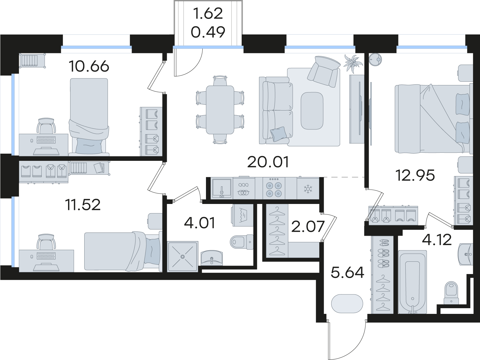 3-комнатная 71 м2 в ЖК Статус на Гребном канале корпус null этаж 11