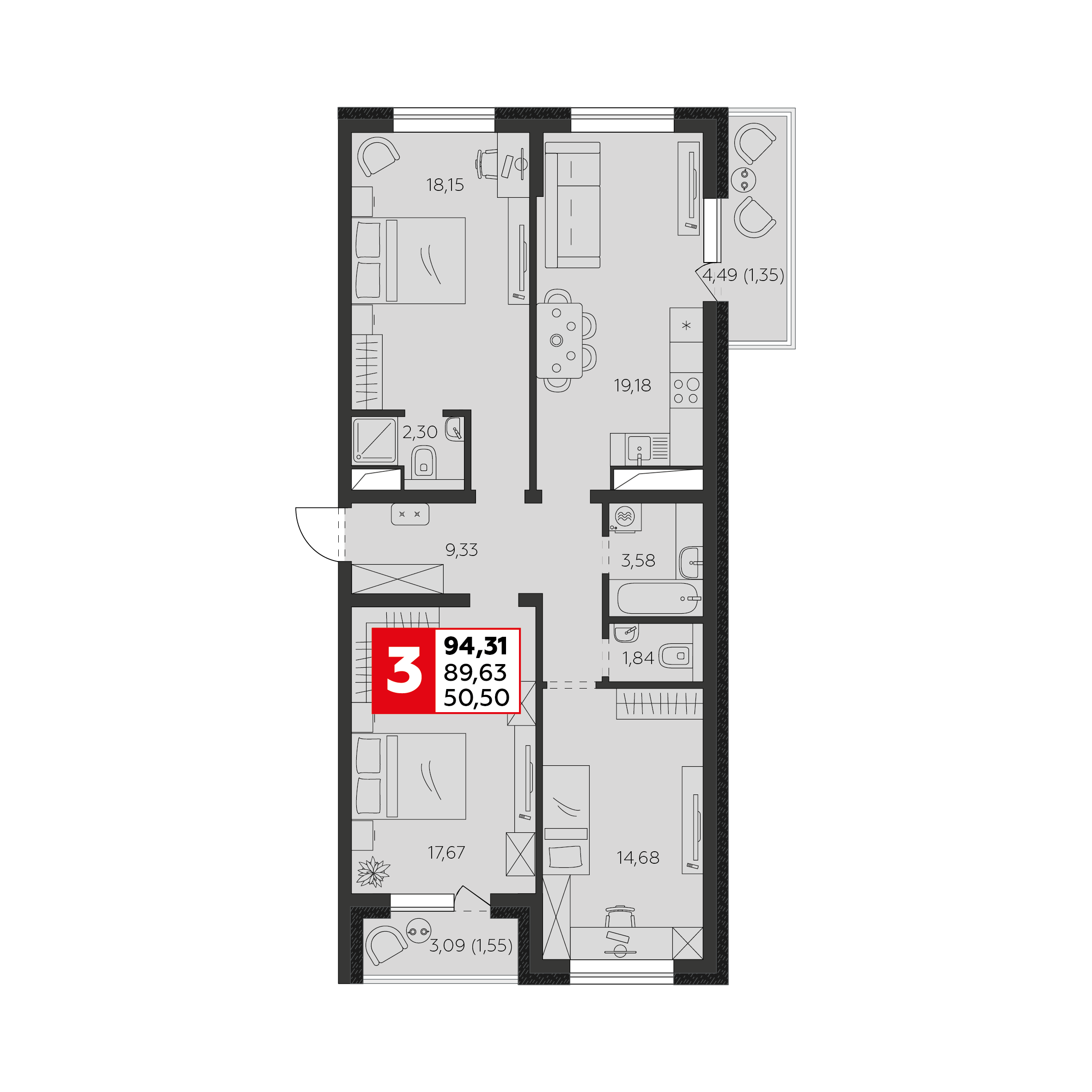 4-комнатная 89 м2 в ЖК К24 корпус null этаж 3