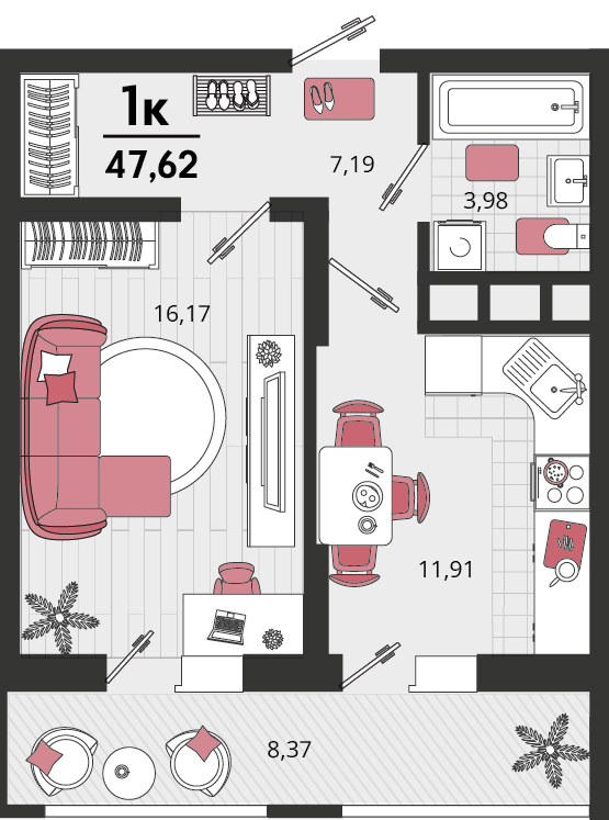 1-комнатная 47 м2 в ЖК Родные просторы корпус null этаж 9