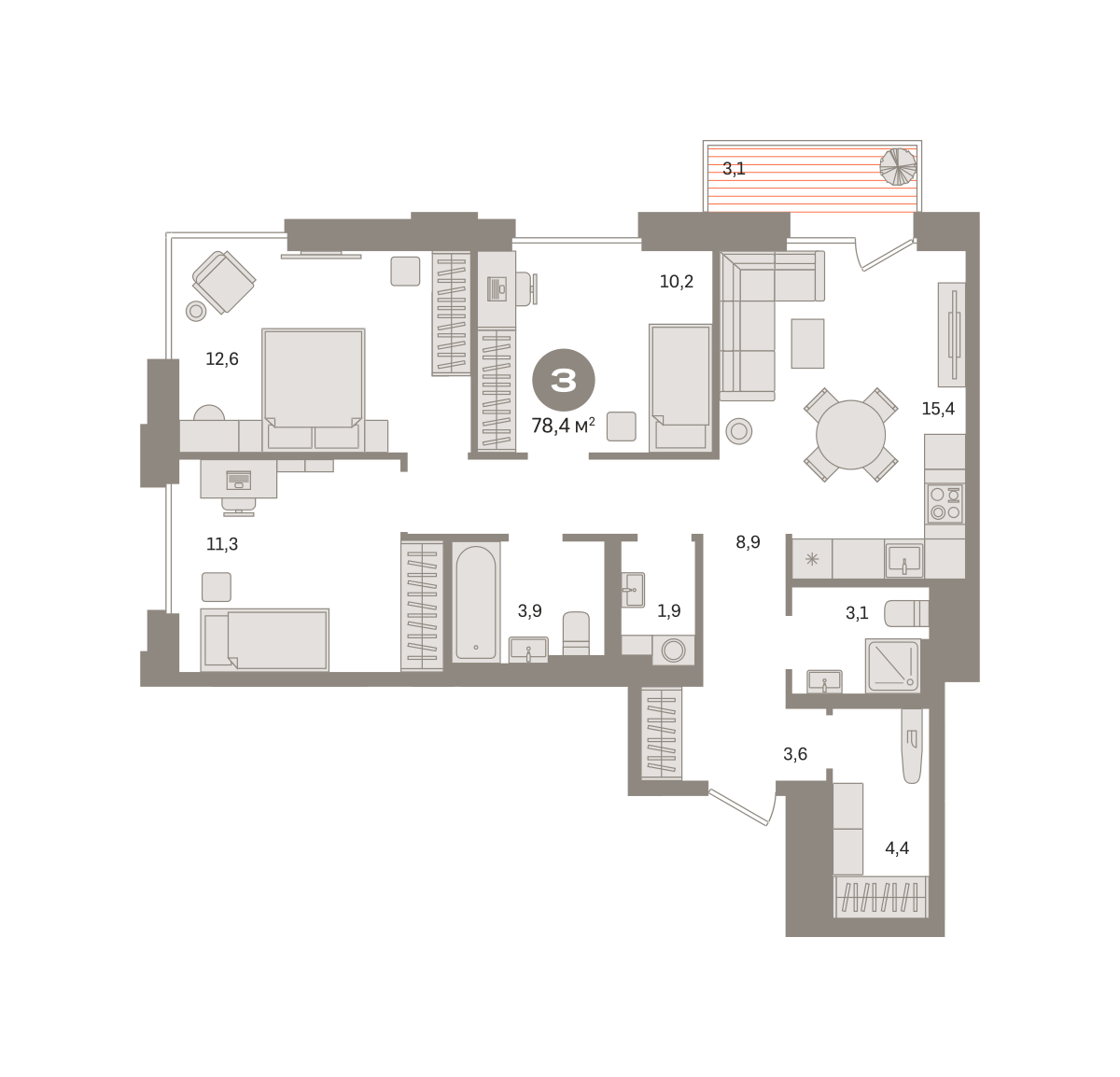 3-комнатная 78 м2 в ЖК Квартал Герцена корпус null этаж 3