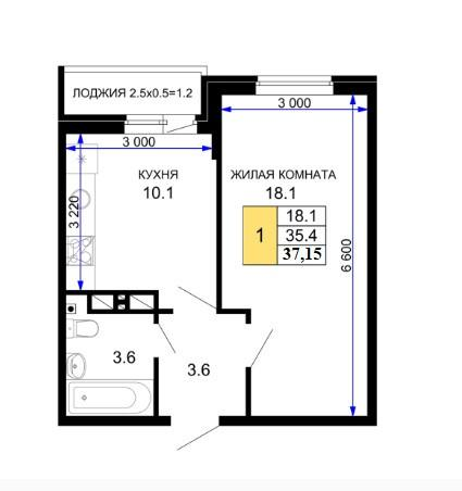 1-комнатная 37.1 м2 в ЖК undefined корпус null этаж 5