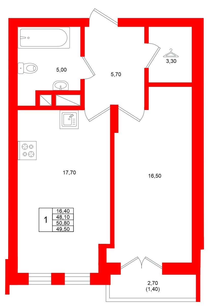 1-комнатная 49 м2 в ЖК Фридланд корпус null этаж 5