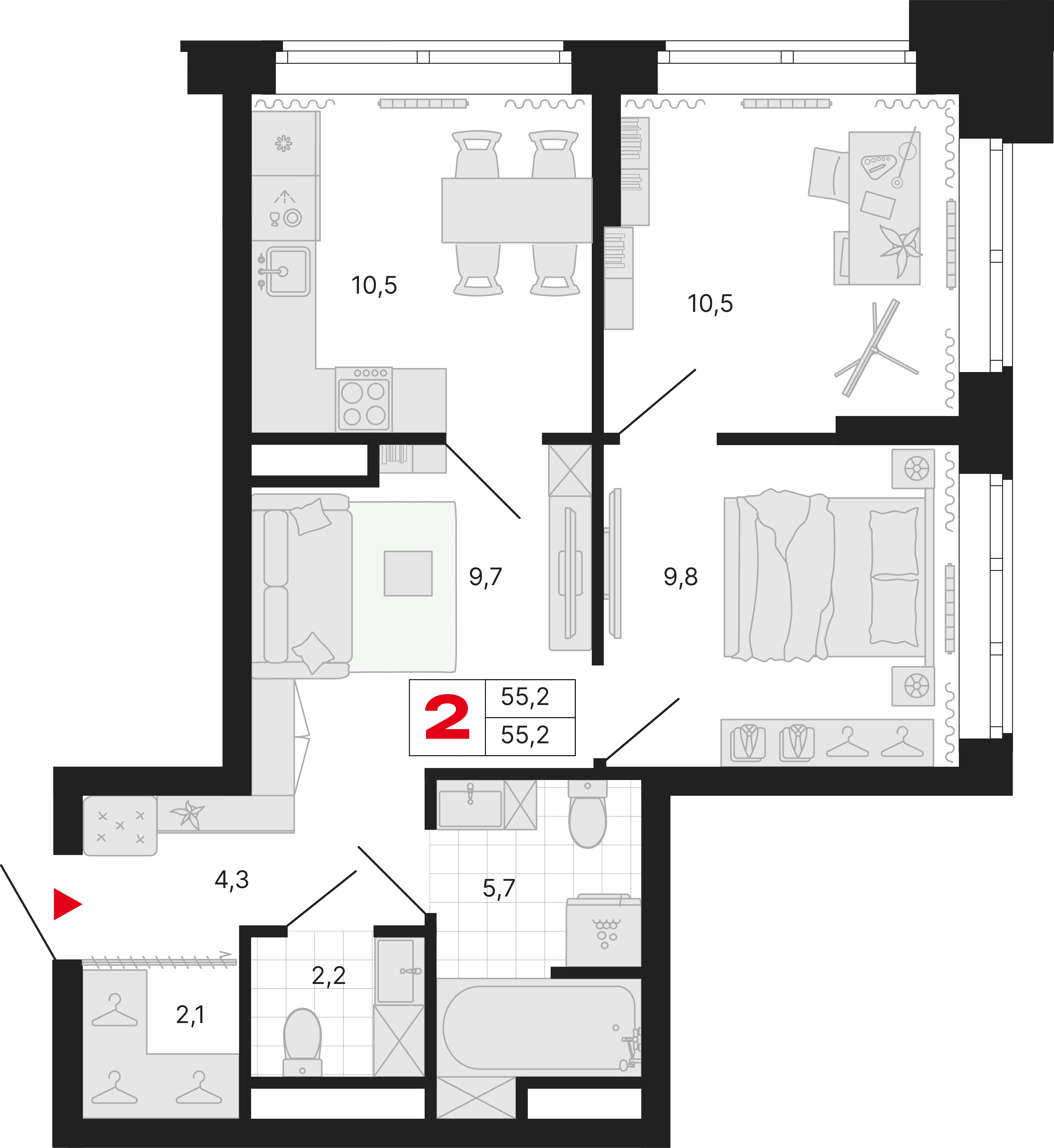 2-комнатная 55 м2 в ЖК Бестселлер корпус null этаж 9