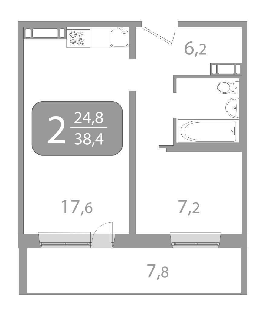 2-комнатная 38.4 м2 в ЖК undefined корпус null этаж 15