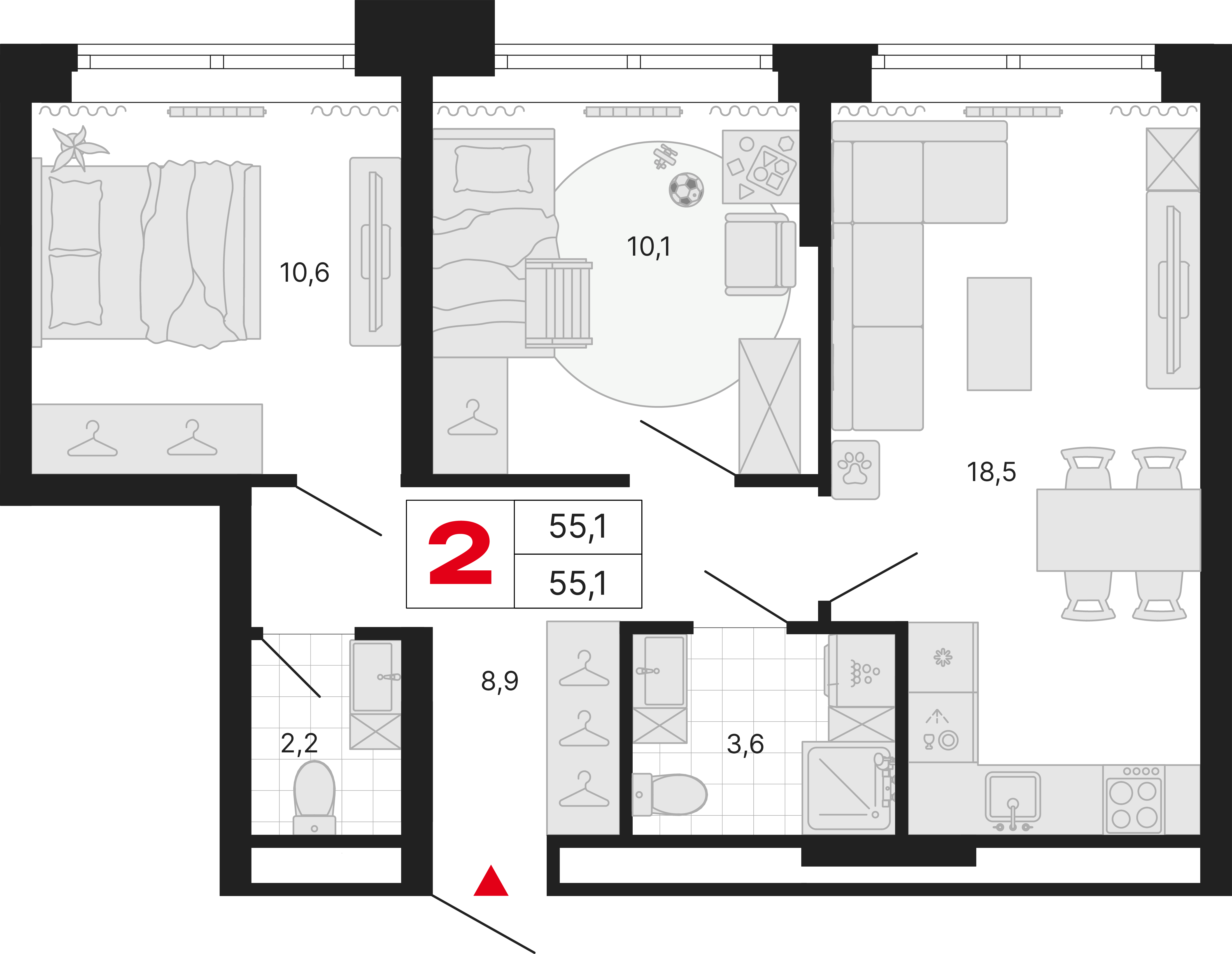2-комнатная 55 м2 в ЖК Бестселлер корпус null этаж 15