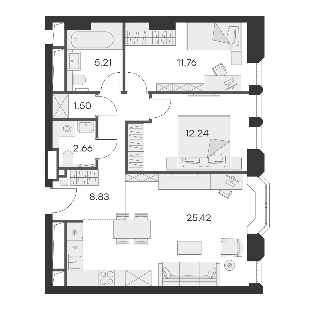 2-комнатная 68 м2 в ЖК Клубный дом GloraX Premium Белорусская корпус null этаж 12