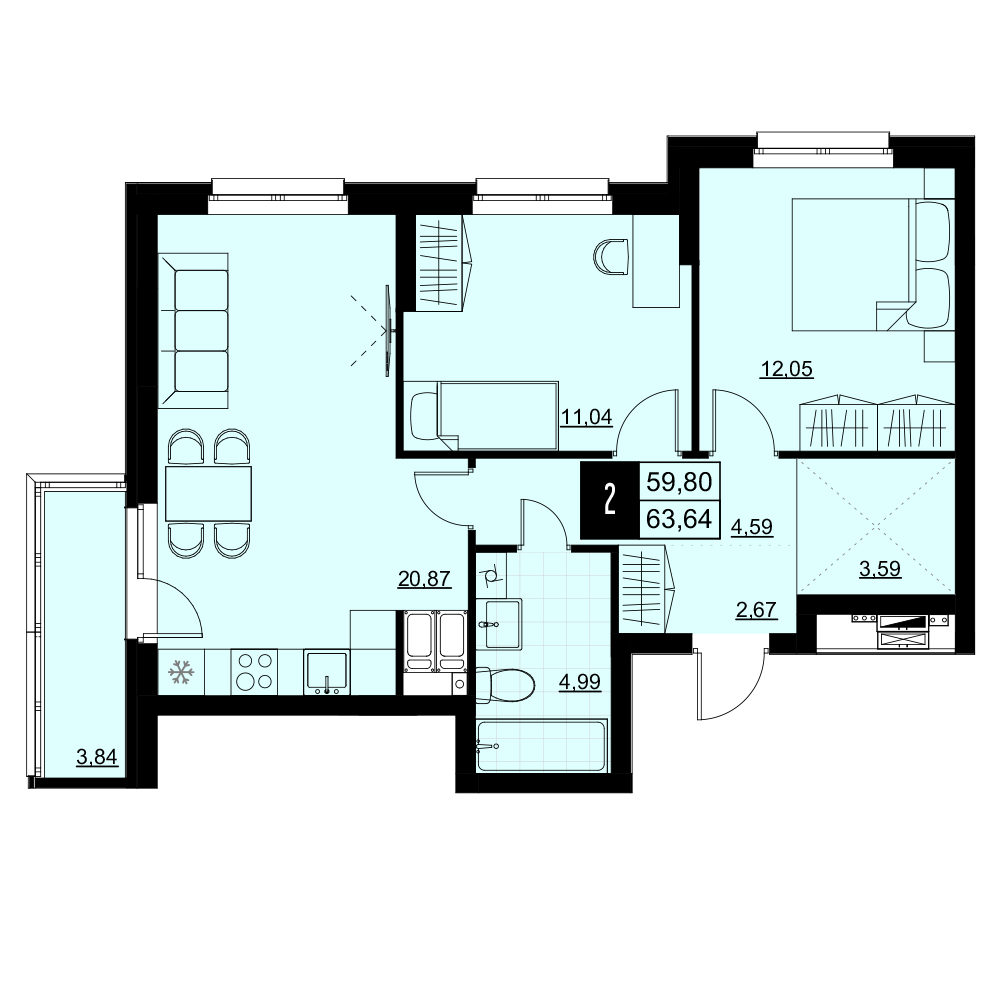 2-комнатная 61 м2 в ЖК Макрорайон Амград корпус null этаж 2