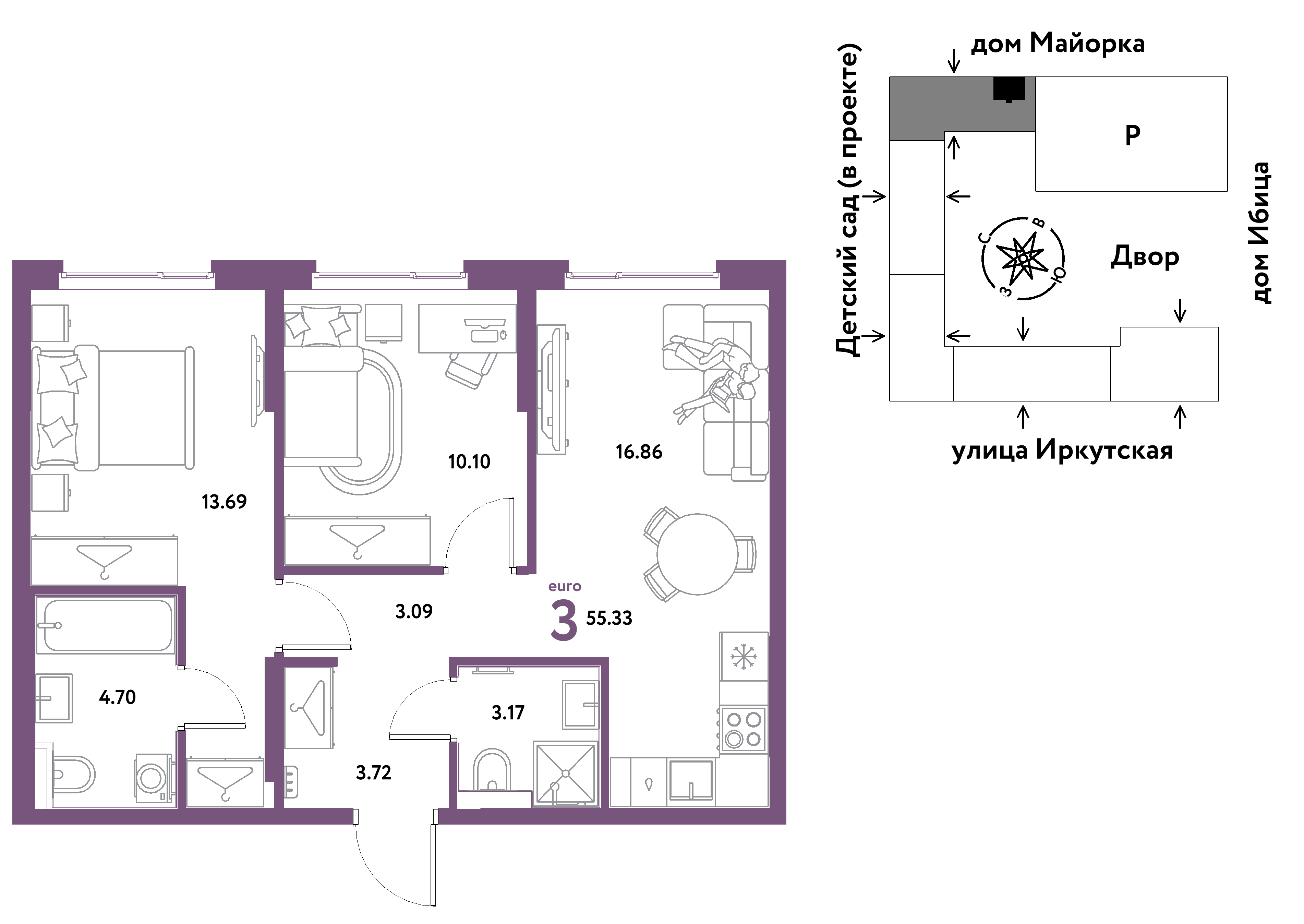 3-комнатная 55 м2 в ЖК Остров-сад корпус null этаж 8