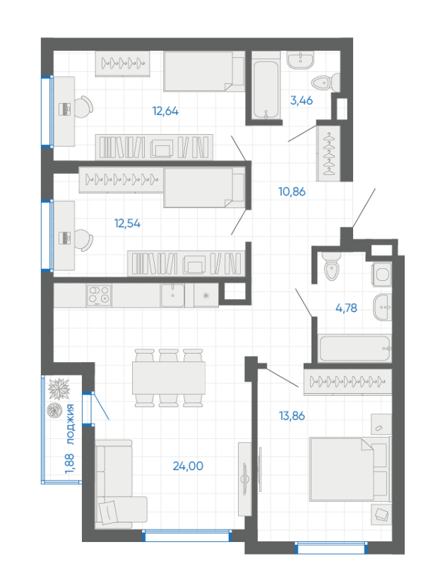 3-комнатная 83.1 м2 в ЖК undefined корпус null этаж 9