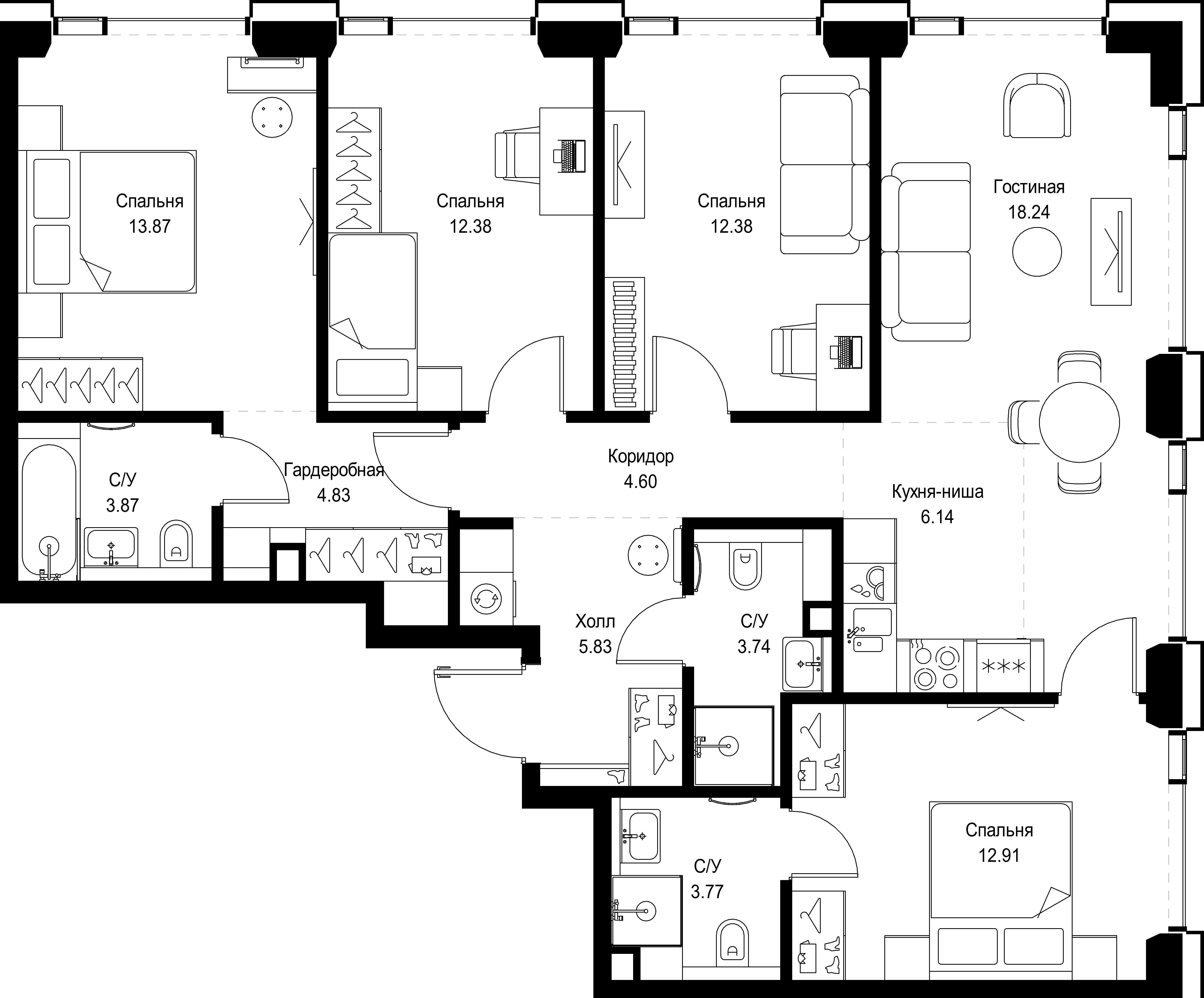 4-комнатная 102 м2 в ЖК SET корпус null этаж 47