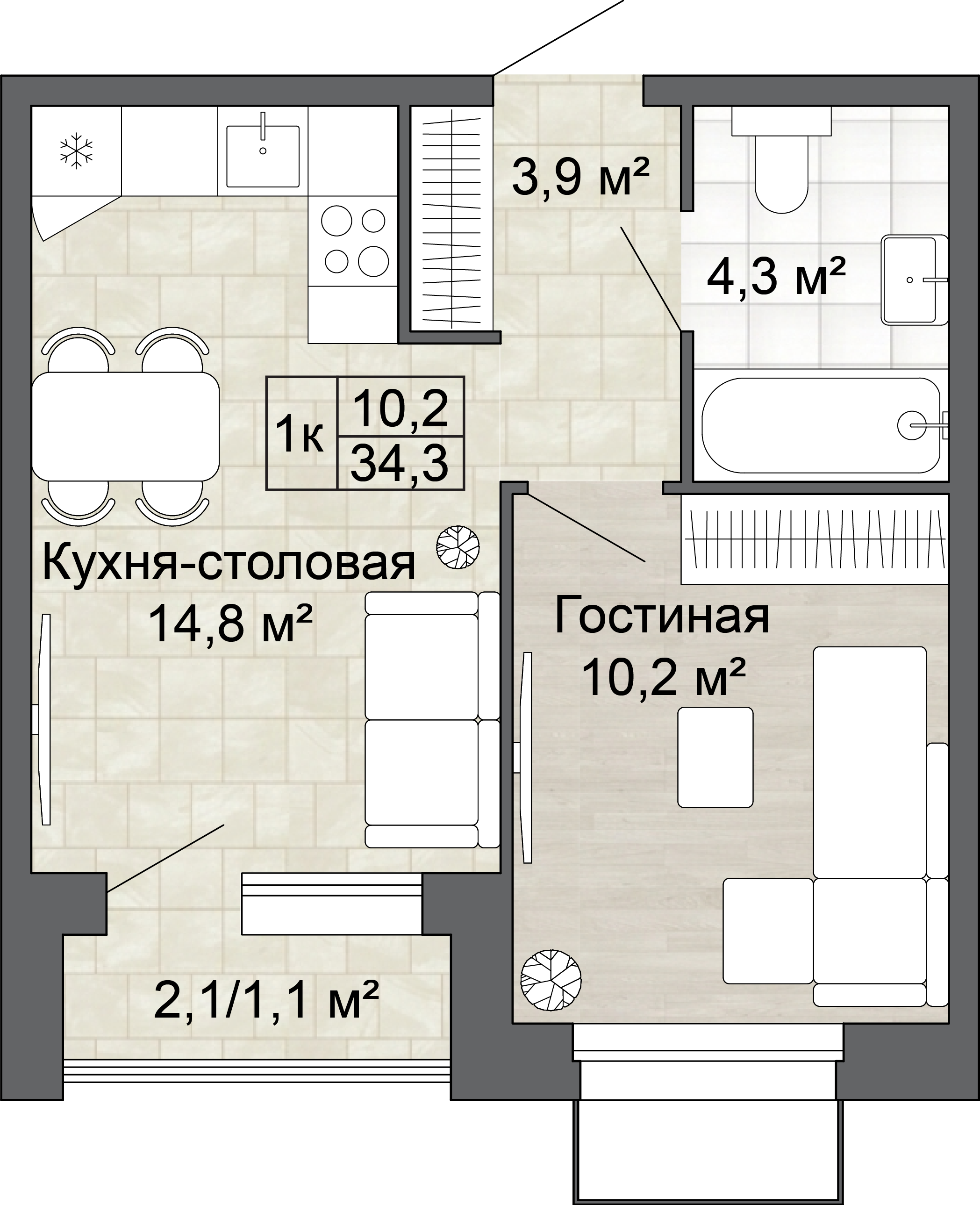 1-комнатная 34 м2 в ЖК Яблоневый Сад корпус null этаж 11