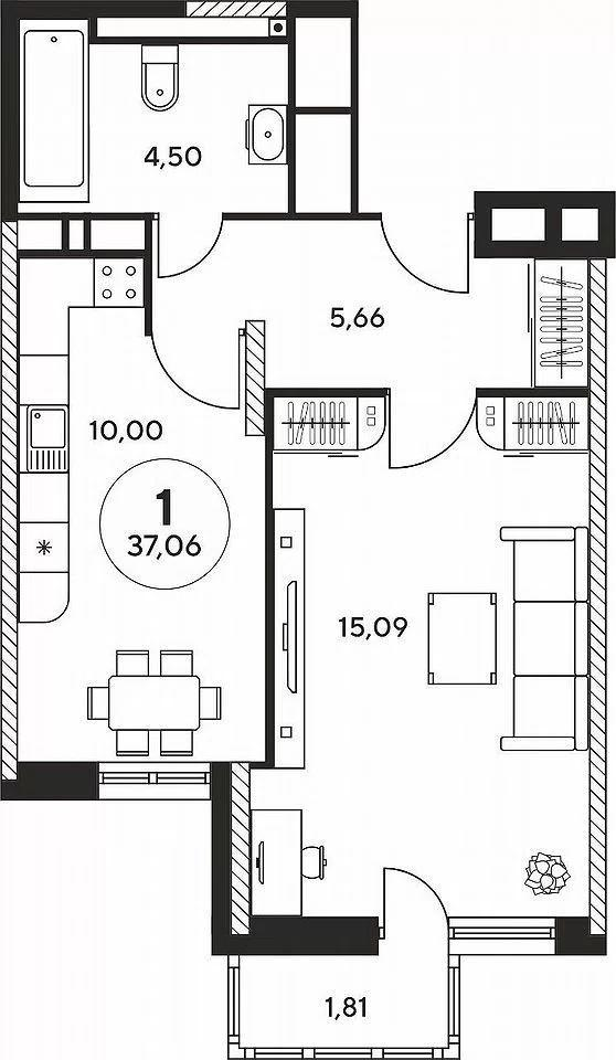1-комнатная 35.1 м2 в ЖК undefined корпус null этаж 12