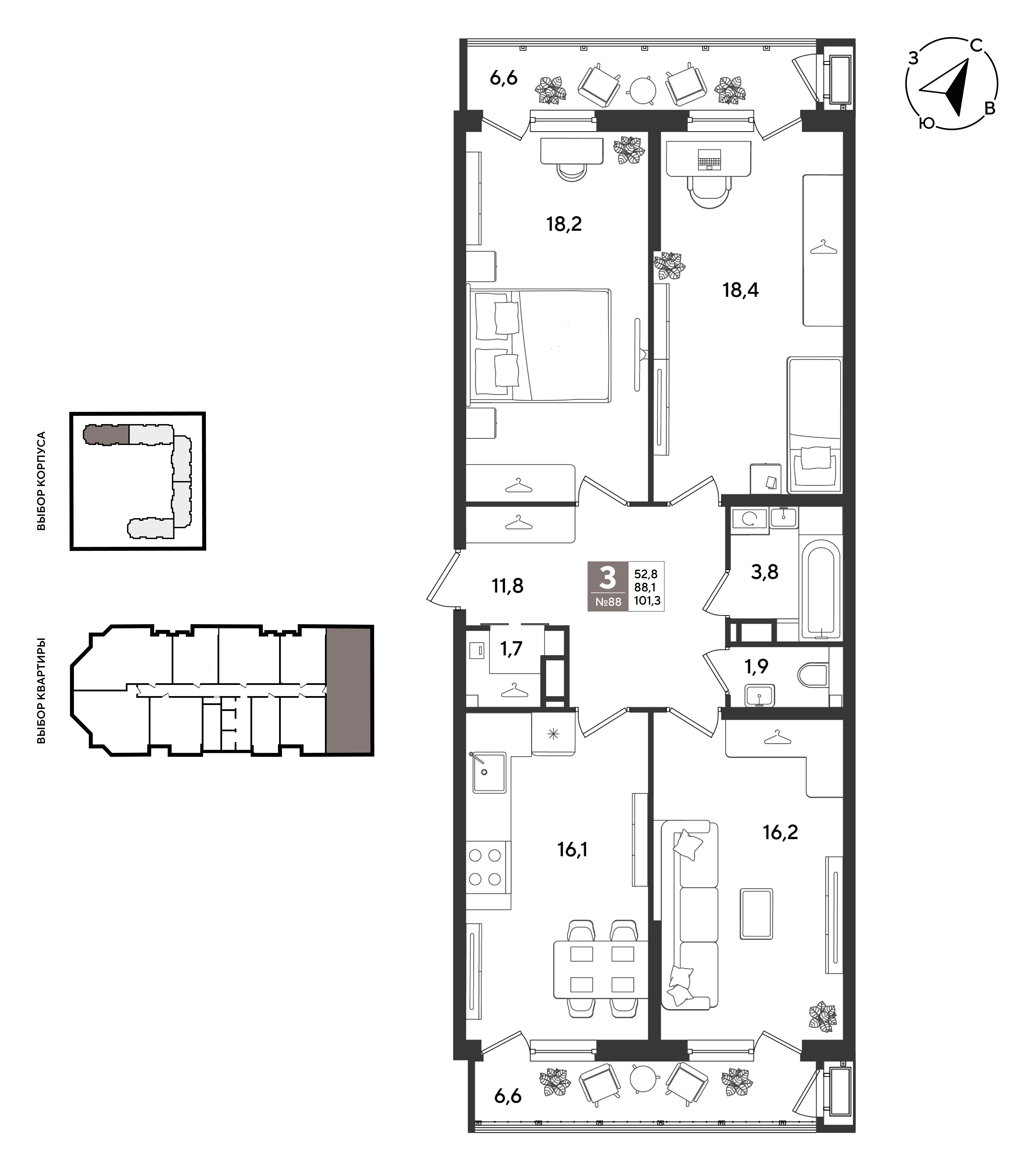 3-комнатная 100 м2 в ЖК Рекорд 2 корпус null этаж 11