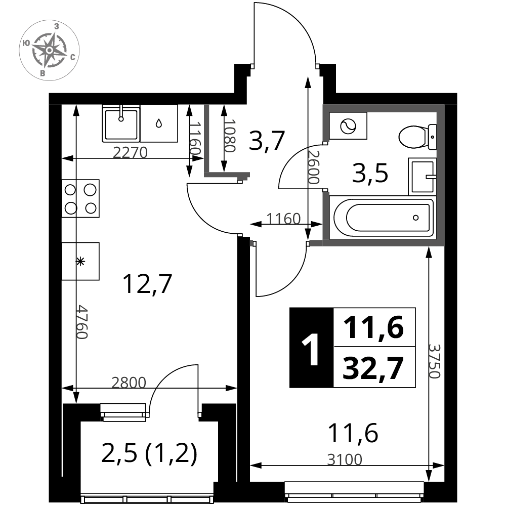 1-комнатная 32 м2 в ЖК 1-й Ясеневский корпус null этаж 2