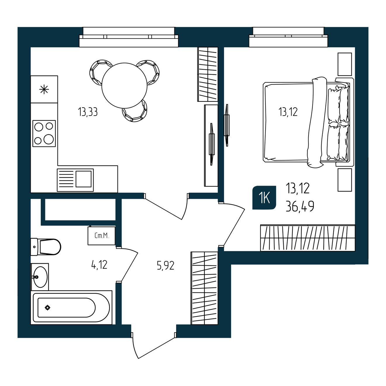 1-комнатная 36 м2 в ЖК Квартал Мятный корпус null этаж 24