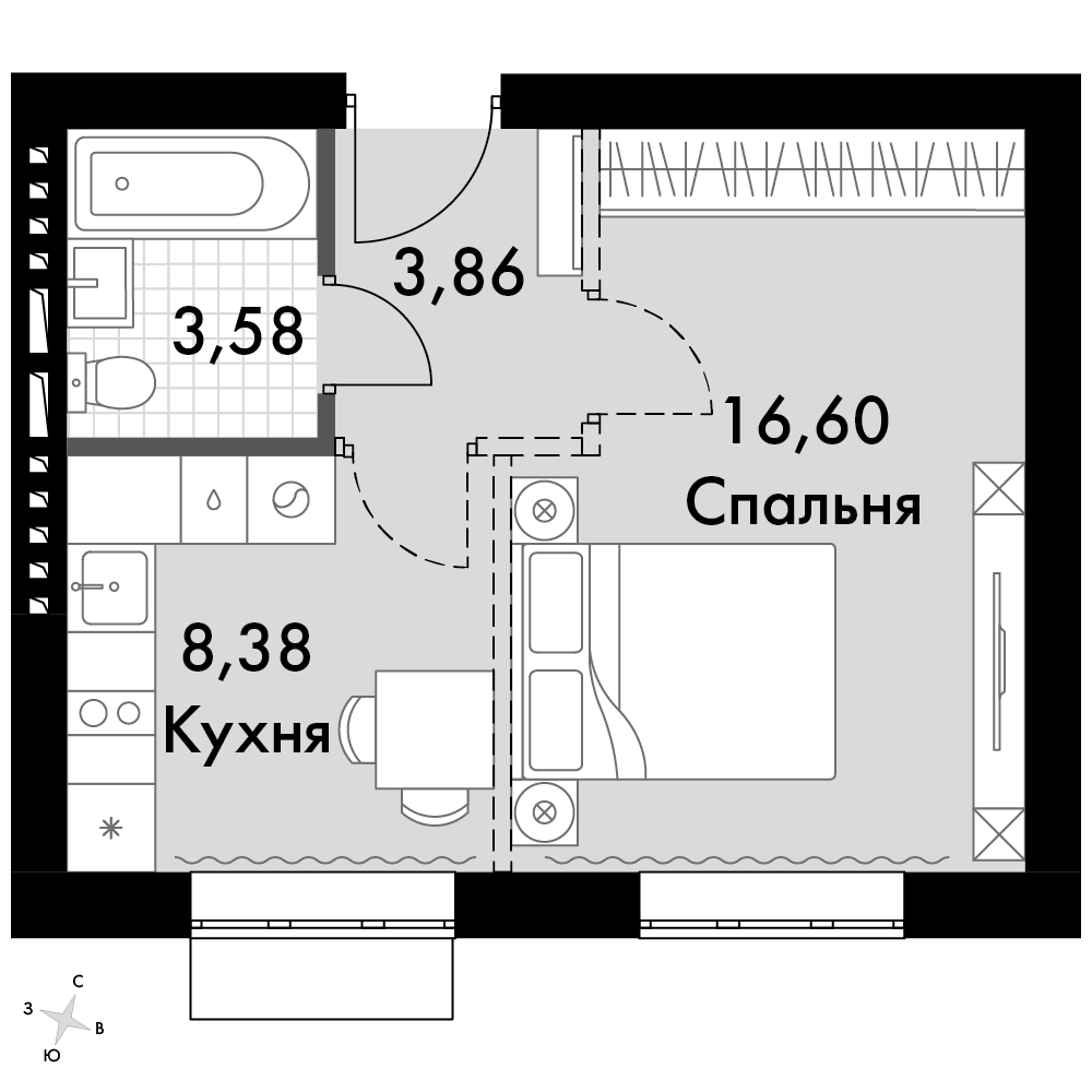 1-комнатная 31 м2 в ЖК Жаворонки Клаб корпус null этаж 3